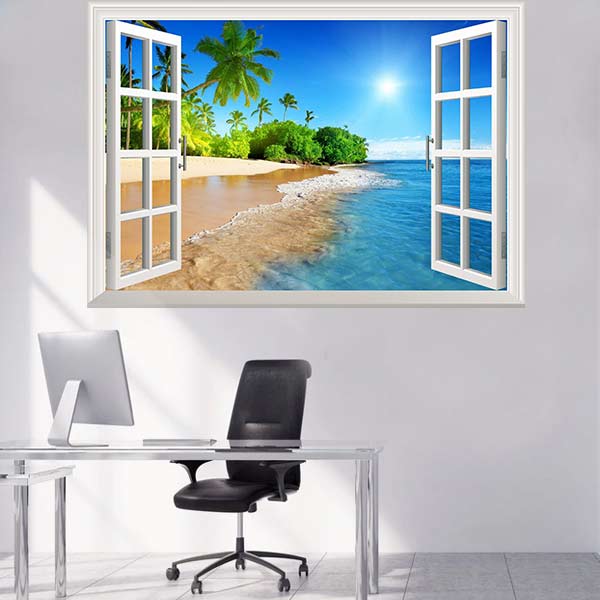 Sticker fereastra 3D Plaja palmieri