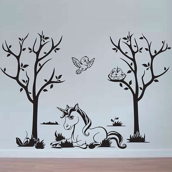 Sticker Cameră Copil Unicorn și păsărele
